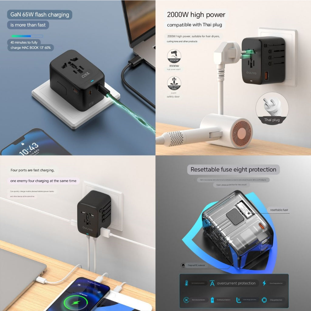 【Local Ready Stock】65W GaN Universal Travel Charger | Fast Charging | High Quality | Type C + USB | 180 Countries